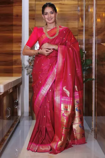 wine woven paithani silk blend saree with blouse