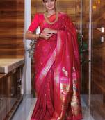 wine woven paithani silk blend saree with blouse