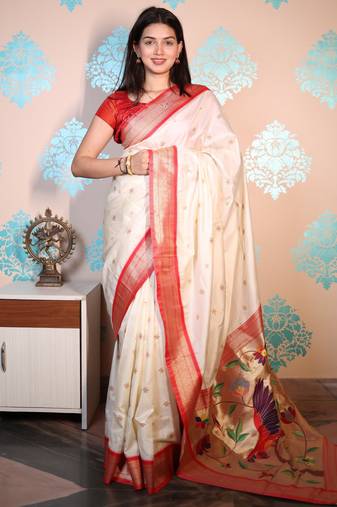beige woven banarasi silk blend saree with blouse
