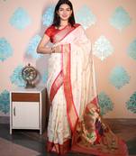 beige woven banarasi silk blend saree with blouse
