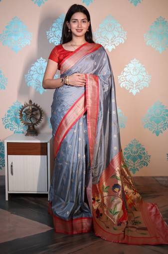 grey woven banarasi silk blend saree with blouse