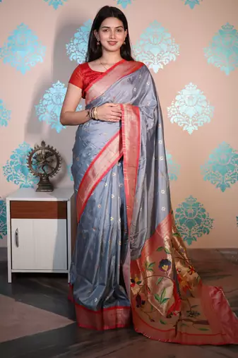 grey woven banarasi silk blend saree with blouse
