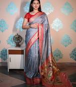 grey woven banarasi silk blend saree with blouse