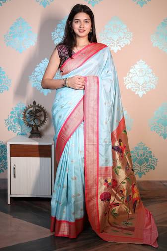sky blue woven banarasi silk blend saree with blouse