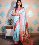 sky blue woven banarasi silk blend saree with blouse