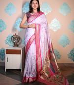 purple woven banarasi silk blend saree with blouse