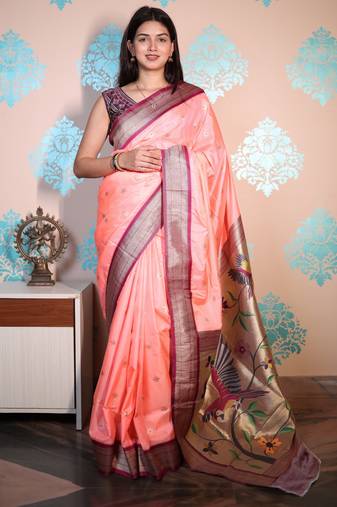 peach woven banarasi silk blend saree with blouse