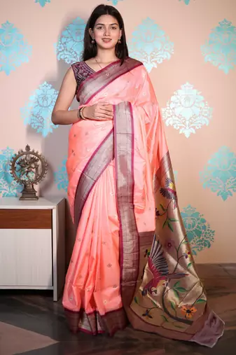 peach woven banarasi silk blend saree with blouse