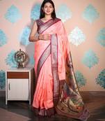peach woven banarasi silk blend saree with blouse