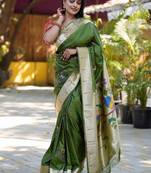 dark green woven paithani silk blend saree with blouse