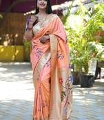 peach woven paithani silk blend saree with blouse