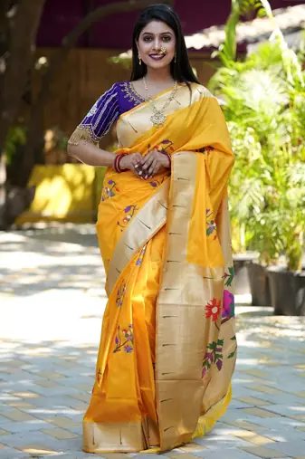 yellow woven paithani silk blend saree with blouse