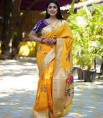 yellow woven paithani silk blend saree with blouse
