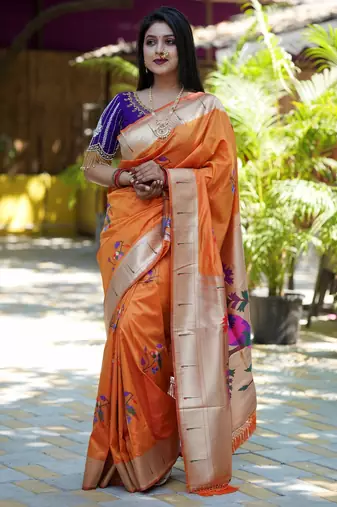 orange woven paithani silk blend saree with blouse