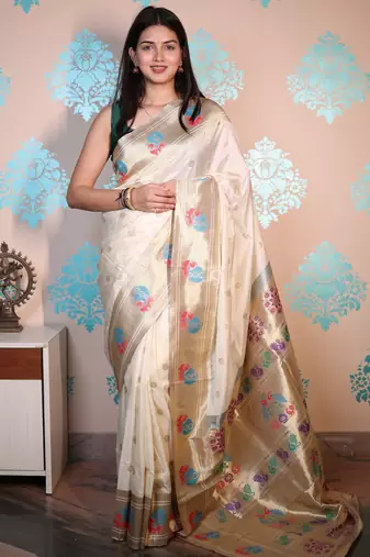 beige woven banarasi silk blend saree with blouse