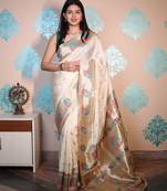 beige woven banarasi silk blend saree with blouse