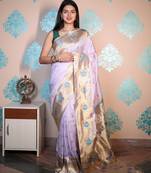 purple woven banarasi silk blend saree with blouse