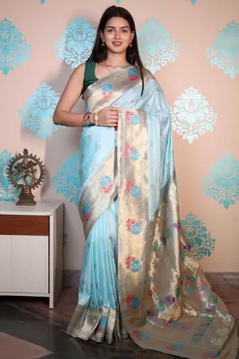 light blue woven banarasi silk blend saree with blouse