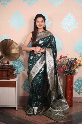 teal woven banarasi silk blend saree with blouse