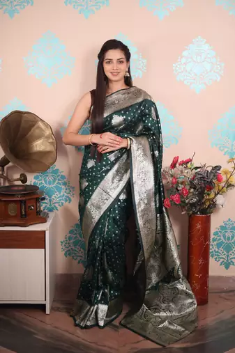 teal woven banarasi silk blend saree with blouse