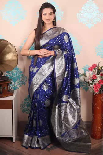 blue woven banarasi silk blend saree with blouse
