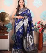 blue woven banarasi silk blend saree with blouse