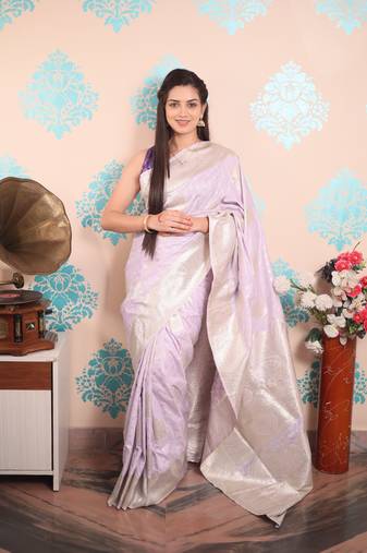 lavender woven banarasi silk blend saree with blouse