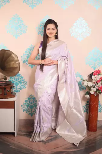 lavender woven banarasi silk blend saree with blouse