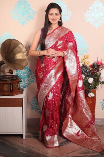 red woven banarasi silk blend saree with blouse