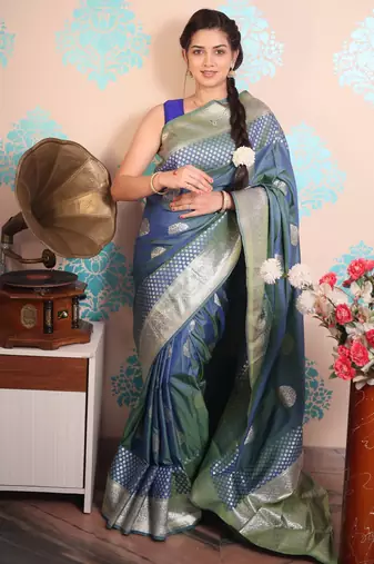 blue woven banarasi silk blend saree with blouse