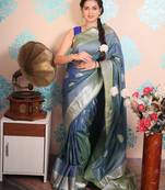 blue woven banarasi silk blend saree with blouse