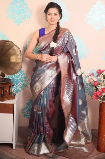 turquoise woven banarasi silk blend saree with blouse
