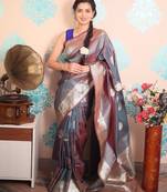 turquoise woven banarasi silk blend saree with blouse