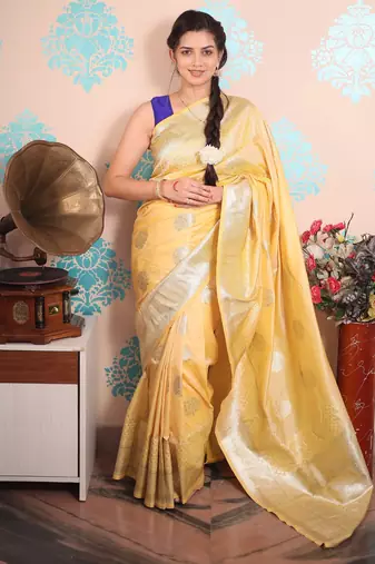 yellow woven banarasi silk blend saree with blouse