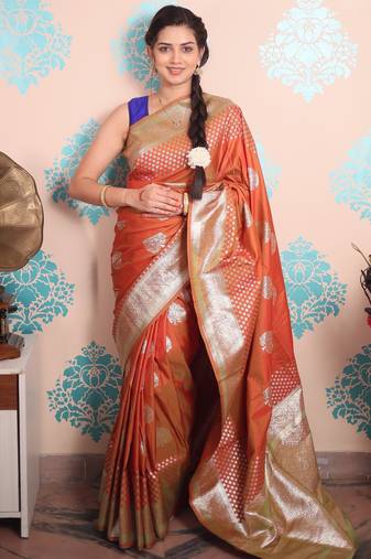 orange woven banarasi silk blend saree with blouse