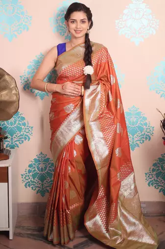 orange woven banarasi silk blend saree with blouse