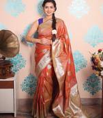 orange woven banarasi silk blend saree with blouse