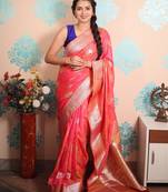 pink woven banarasi silk blend saree with blouse