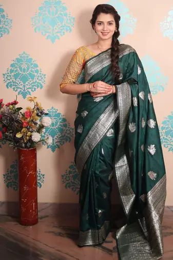 teal woven banarasi silk blend saree with blouse