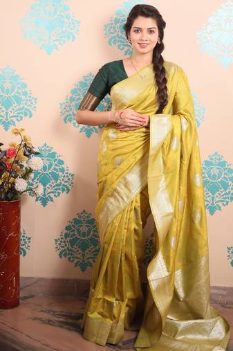mustard woven banarasi silk blend saree with blouse