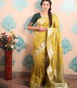 mustard woven banarasi silk blend saree with blouse