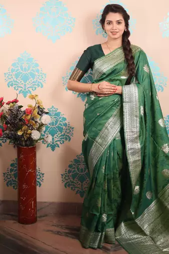 green woven banarasi silk blend saree with blouse
