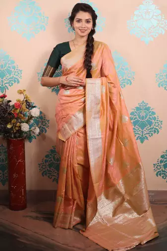 peach woven banarasi silk blend saree with blouse