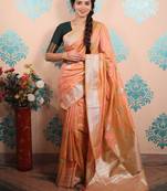 peach woven banarasi silk blend saree with blouse