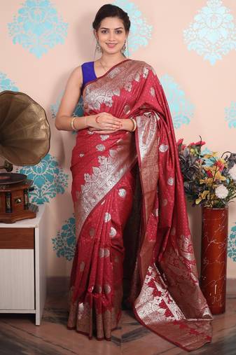 red woven banarasi silk blend saree with blouse