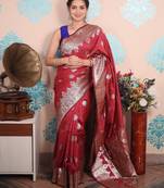 red woven banarasi silk blend saree with blouse