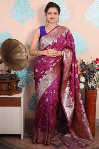 wine woven banarasi silk blend saree with blouse