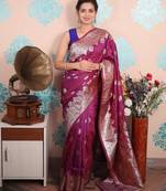 wine woven banarasi silk blend saree with blouse