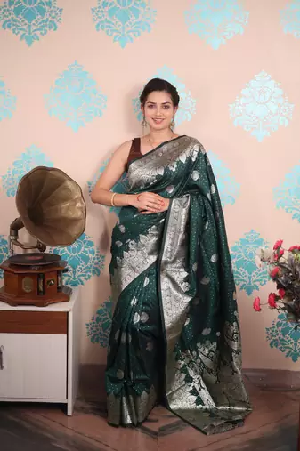 teal woven banarasi silk blend saree with blouse