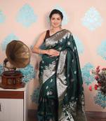 teal woven banarasi silk blend saree with blouse